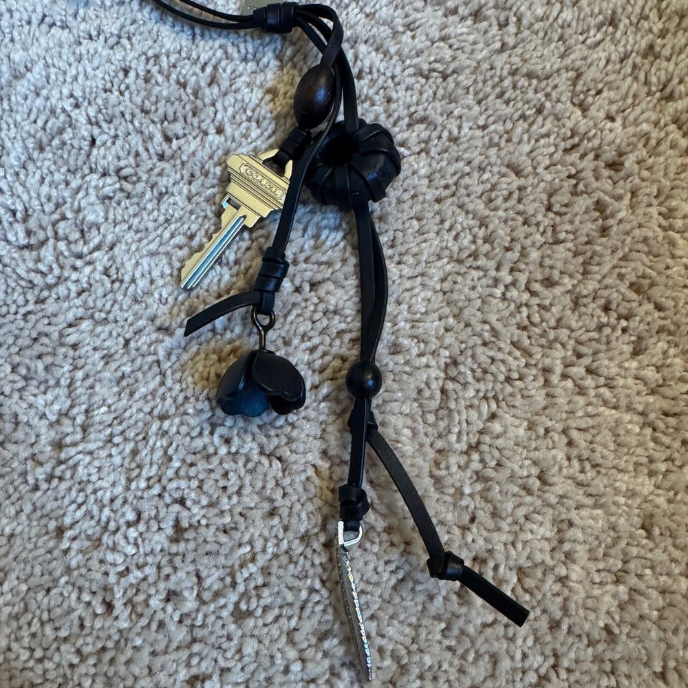 Coach Black Leather Keychain/ Purse Charm with Wooden Bead and Silver Charms